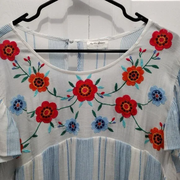 By The River Embroidered Stripe Dress Size Large Blue White Floral Boho Midi - Picture 4 of 11